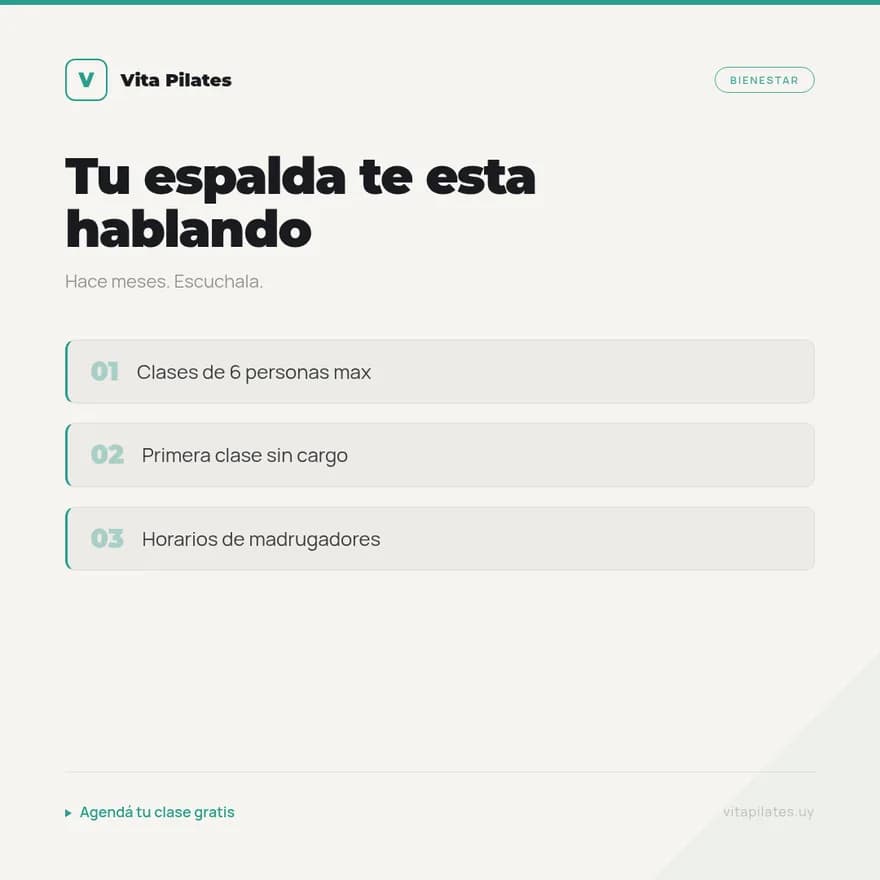 Carrusel generado para Vita Pilates con el título 'Tu espalda te está hablando' y tres puntos sobre clases y horarios
