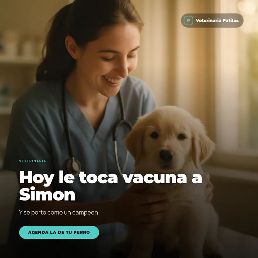 Post generado para Veterinaria Patitas: una veterinaria sostiene un cachorro, con el título 'Hoy le toca vacuna a Simón'